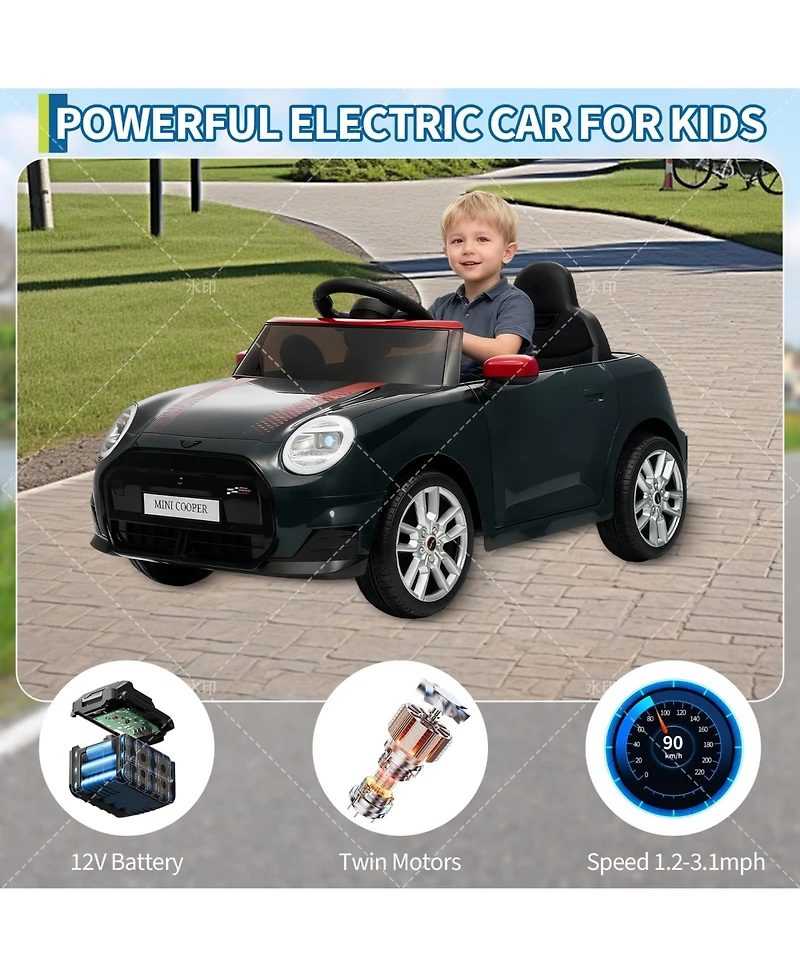 homfan 12V Mini Cooper Officially Licensed Remote-Control Electric Ride-On Car with Led Lights, Up to 66 lbs, Ages 3-8