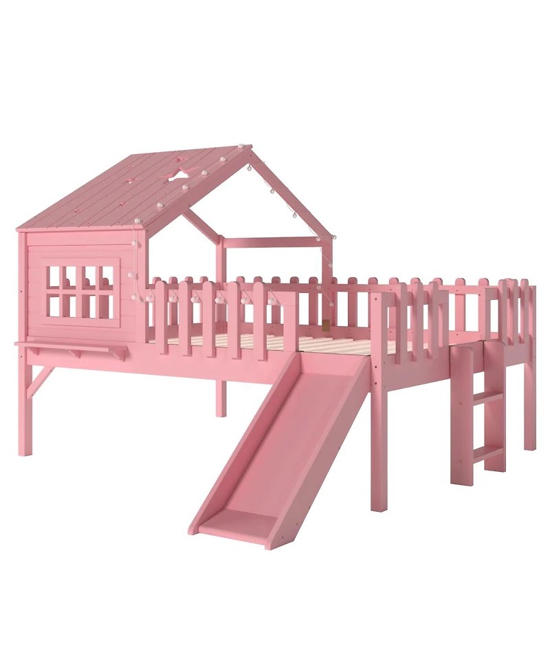 Streamdale Furniture Loft Bed With Slide, Playhouse, Stars, Window, Led Lights