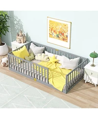 Streamdale Furniture Twin Size Floor Bed with High Fence Railings Rubber Wood