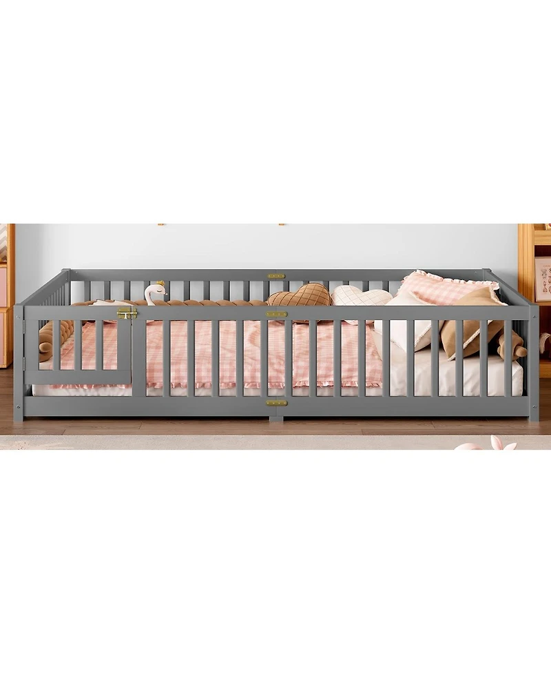 Streamdale Furniture Queen Size Bed Floor Bed with Safety Guardrails and Door for Kids