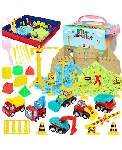 homfan 43Pieces Construction Sand Toy Set for Kids - 3lbs Play Sand, 6 Mini Trucks, Castle Molds, Tools, Collapsible Sandbox and Storage Bin