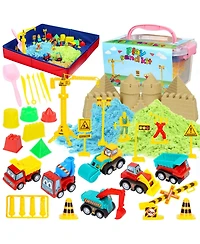 homfan 43Pieces Construction Sand Toy Set for Kids - 3lbs Play Sand, 6 Mini Trucks, Castle Molds, Tools, Collapsible Sandbox and Storage Bin
