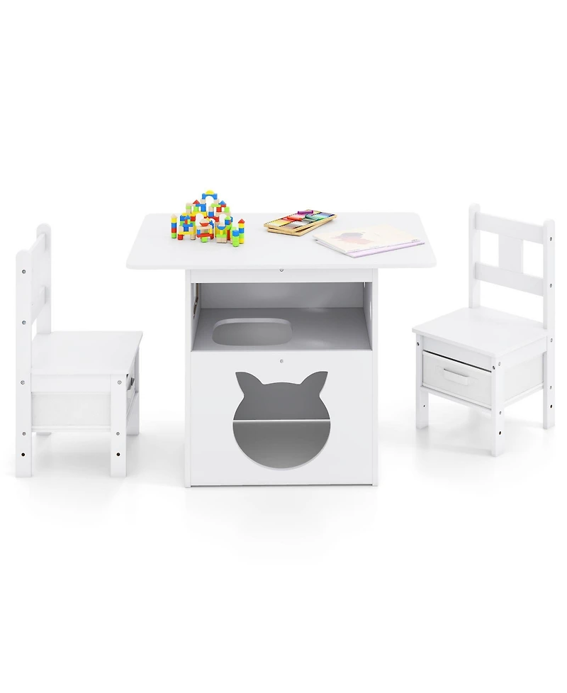Slickblue Kids Table and Chairs Set 3 Piece Wooden Furniture with Cat House