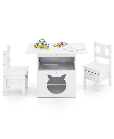 Slickblue Kids Table and Chairs Set 3 Piece Wooden Furniture with Cat House