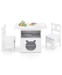 Slickblue Kids Table and Chairs Set 3 Piece Wooden Furniture with Cat House