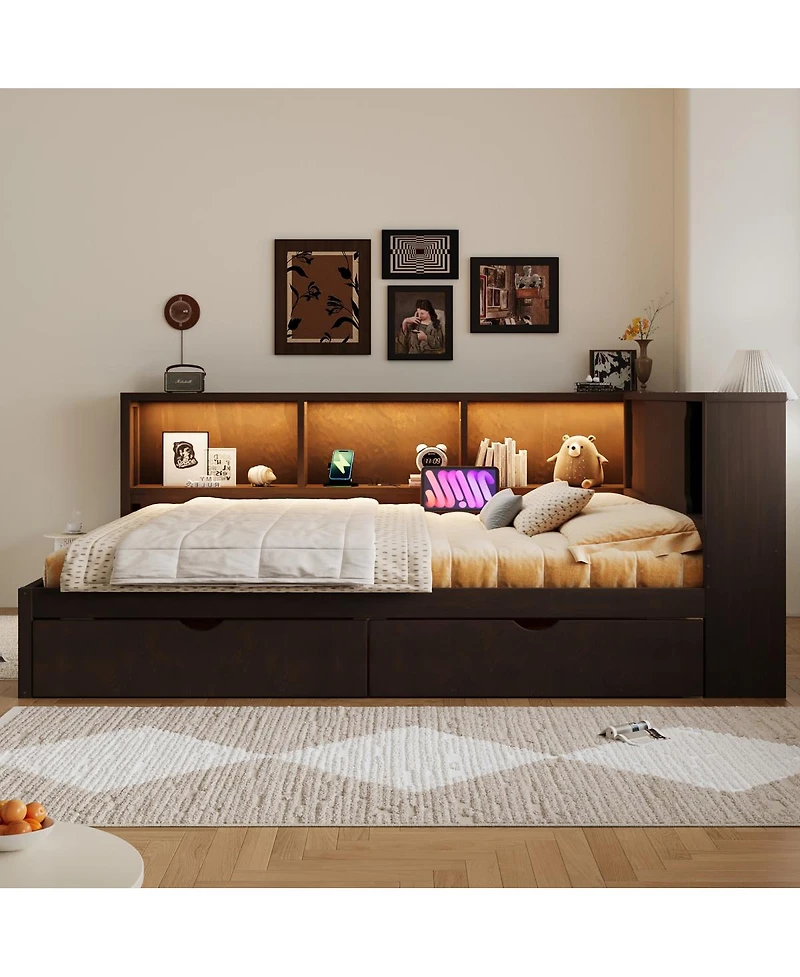 Streamdale Furniture Wood Daybed with Storage Shelves, Usb, Led, and 2 Drawers