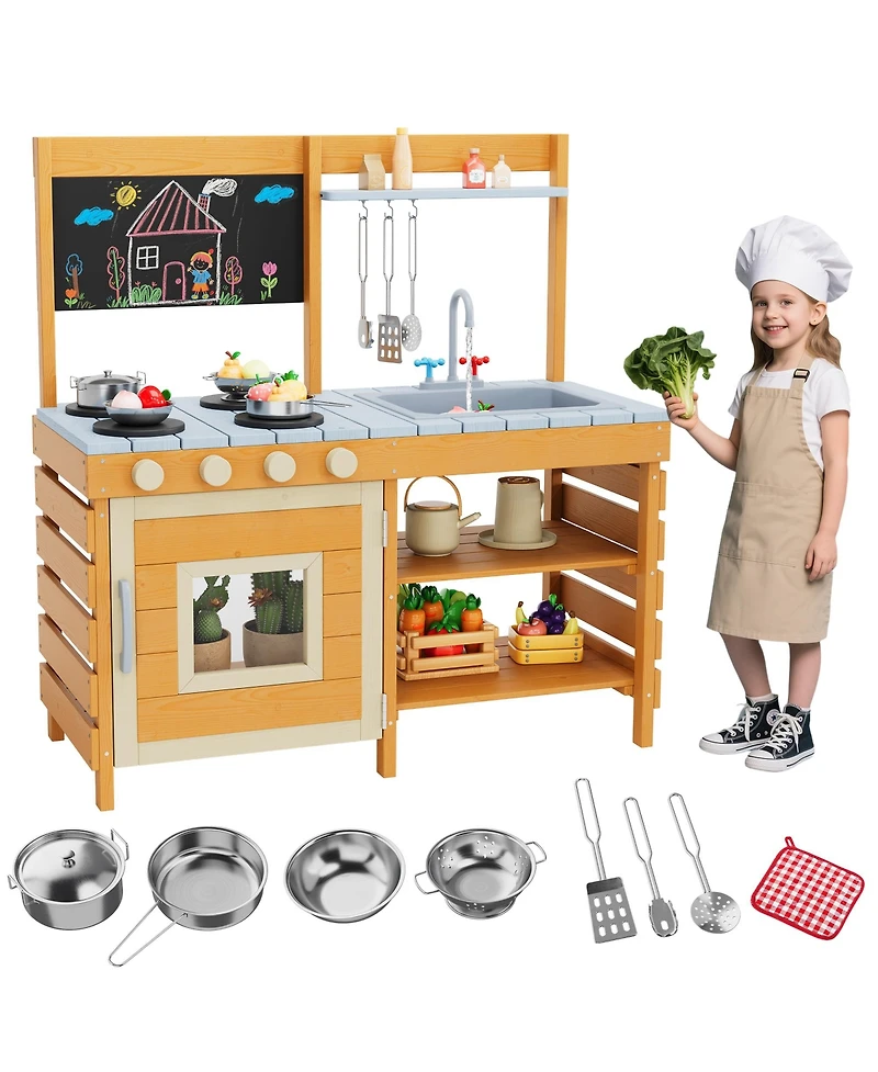 homfan Outdoor Wooden Play Kitchen, Fir Wood Kids Mud Kitchen for Children Ages 3 Plus for Backyard or Garden