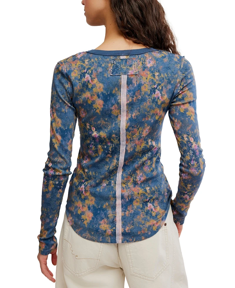 Free People Women's Printed Ribbed Henley Neck Top
