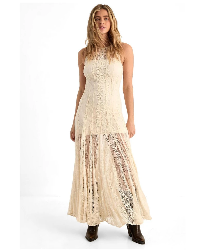Nasty Gal Women's High Neck Lace Godet Hem Maxi Dress
