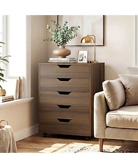 Mecale 5-Drawer Mobile File Cabinet with Lockable Casters, Walnut