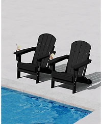 homfan Set of 2 Folding Adirondack Chair, All-Weather Hdpe Outdoor Chairs with Cup Holder, Wood-Grain Texture