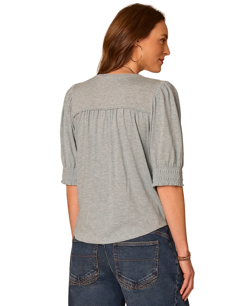 Democracy Women's Smocked Pintuck Knit Mandarin Collar Top