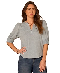 Democracy Women's Smocked Pintuck Knit Mandarin Collar Top