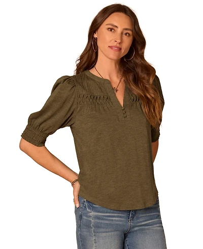 Democracy Women's Smocked Pintuck Knit Mandarin Collar Top