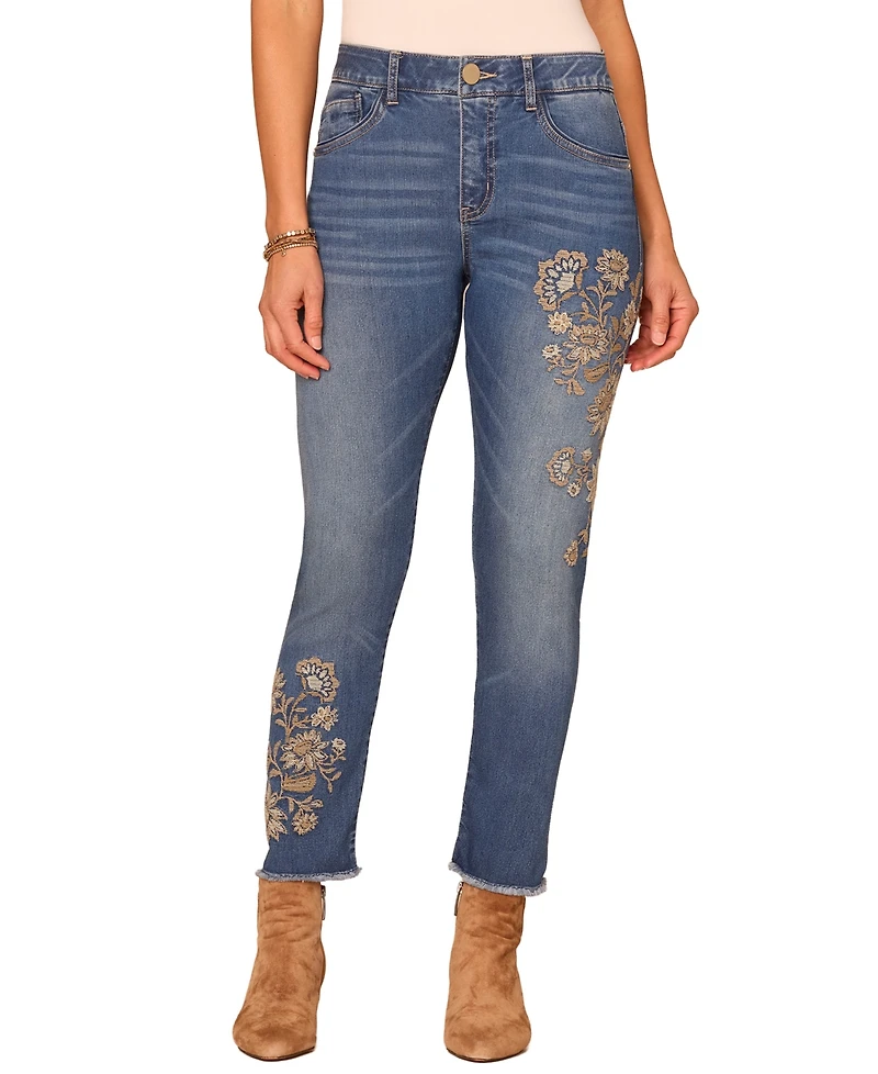 Democracy Women's AbSolution High-Rise Floral-Embroidered Ankle Skimmer Jeans