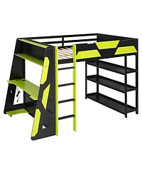 Streamdale Furniture Gaming Loft Bed with Desk, Shelves and Led Lights
