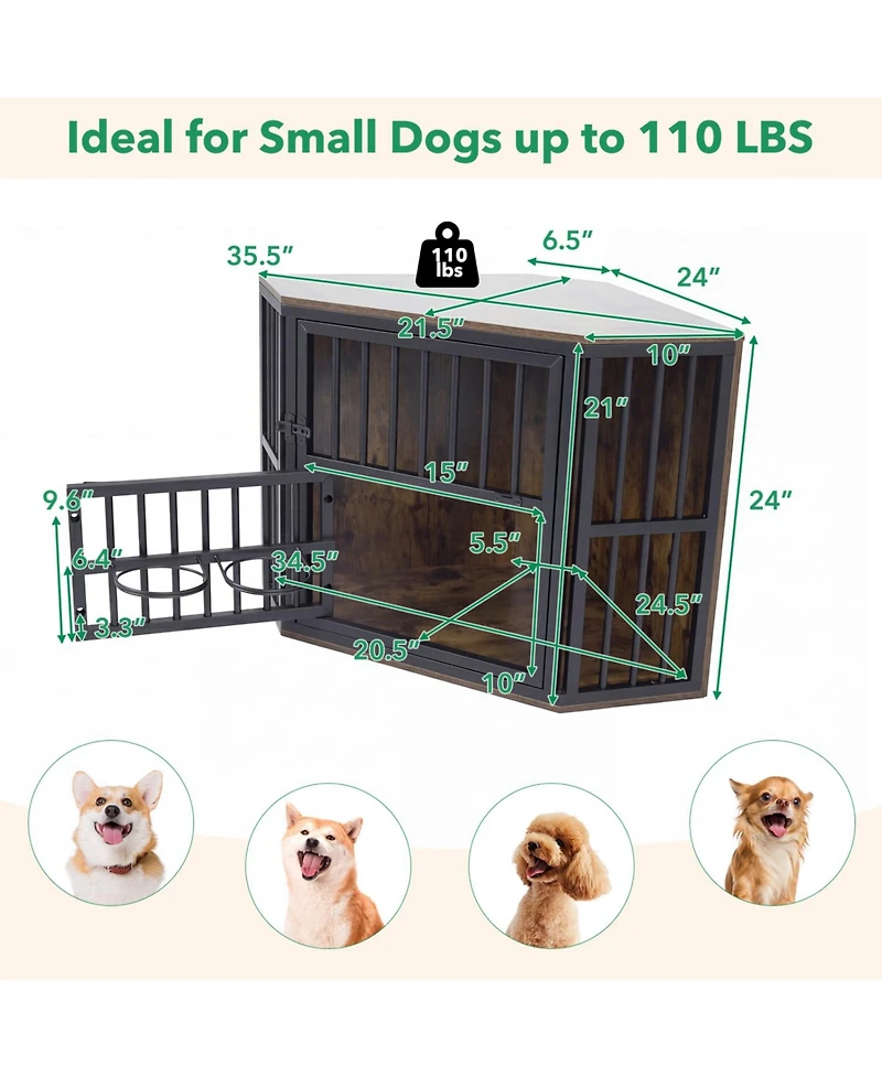 Ruie Wooden Corner Dog Kennel End Table with 3 Position Bowl Rack