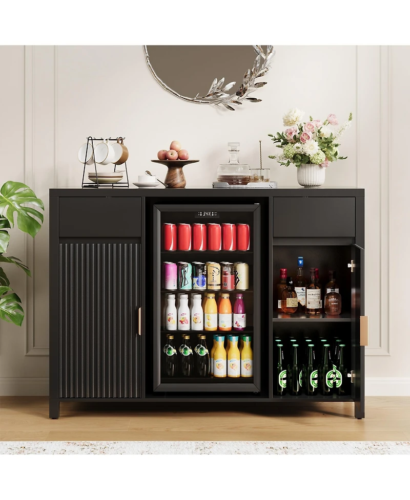 homfan 53" Bar Cabinet with Fridge Space Wine Rack and Storage Drawers, Fluted Sideboard with Charging Station for Kitchen and Dining