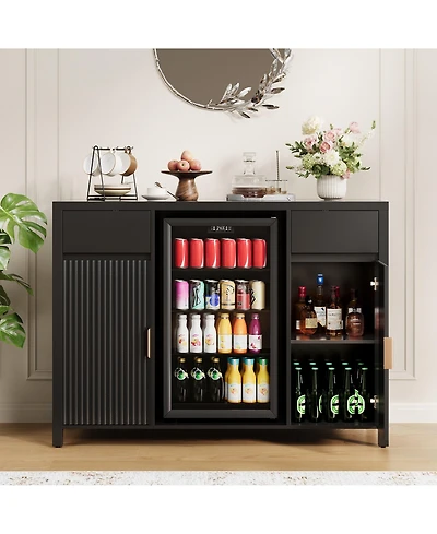 homfan 53" Bar Cabinet with Fridge Space Wine Rack and Storage Drawers, Fluted Sideboard with Charging Station for Kitchen and Dining