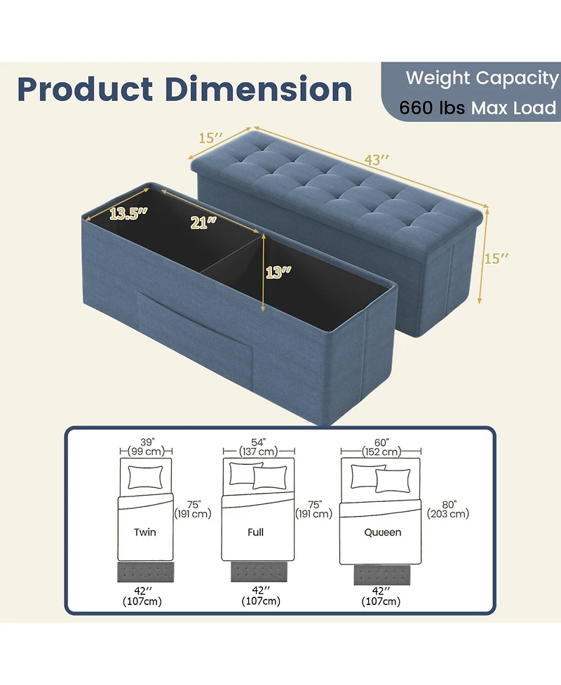 sumyeg 43-Inch Folding Storage Ottoman Bench with Padded Seat for Bedroom or Entryway