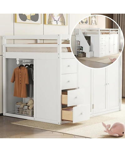 Streamdale Furniture Wood Loft Bed With Built-in Wardrobes, Cabinets and Drawers