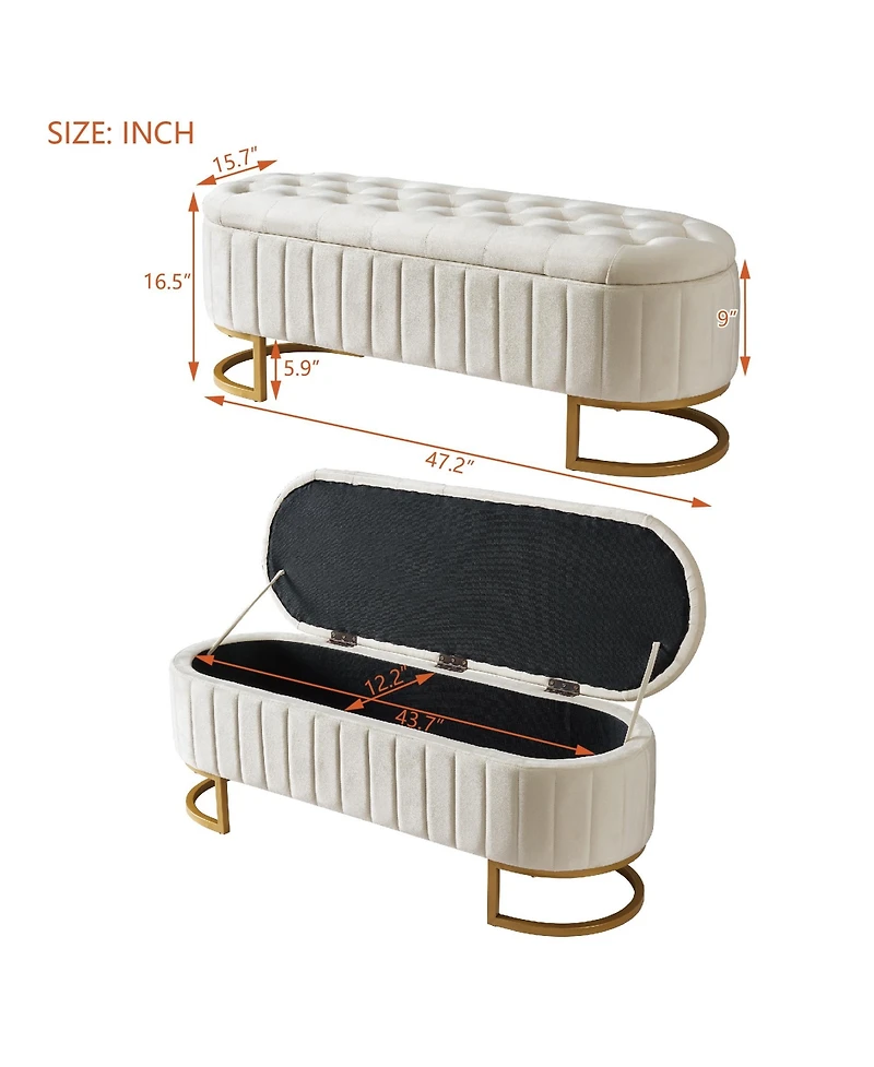 sumyeg Upholstered Velvet Storage Ottoman Bench with Button Tufted Design and Metal Legs