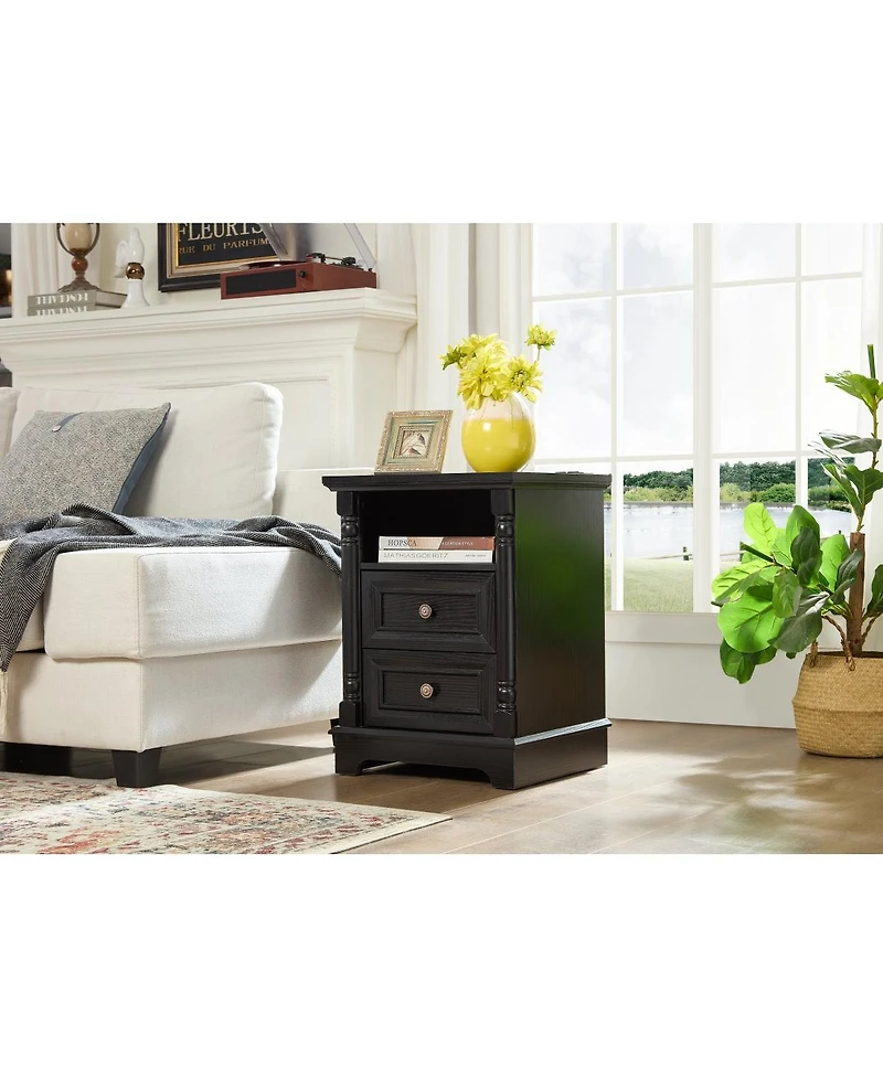 Streamdale Furniture Farmhouse 2-Drawer Side Table with Charging Station and Rustic Wood Base