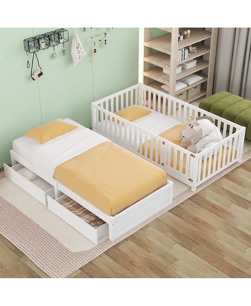 Streamdale Furniture Twin Wood Daybed With Drawers and Fence Rails