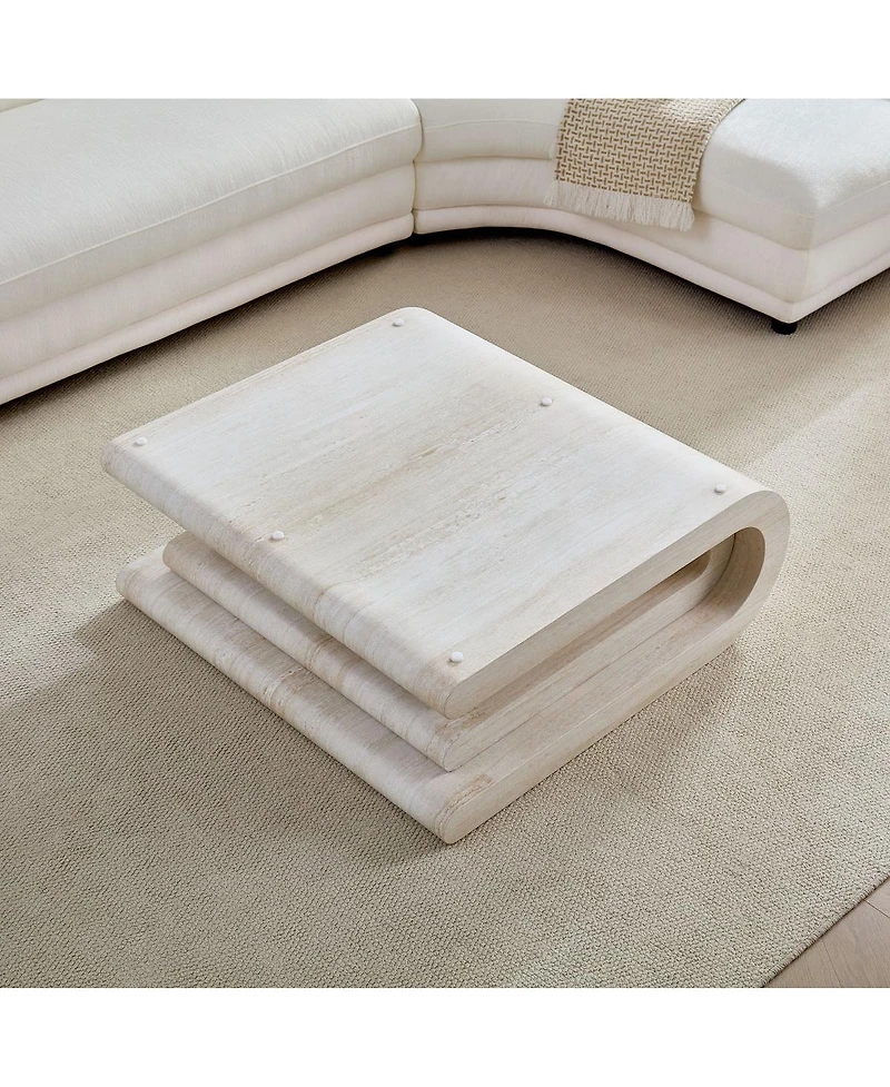 Streamdale Furniture Faux Travertine Square Coffee Table, Modern Layered Base