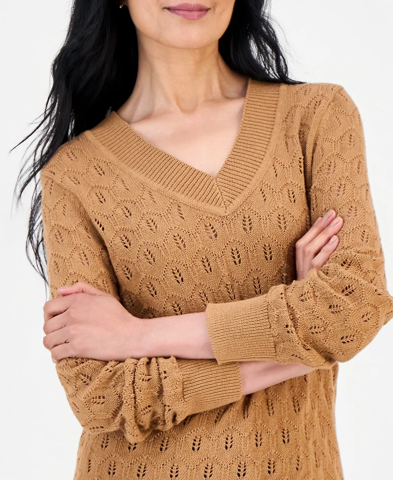 Style & Co Petite Pointelle V-Neck Cotton Sweater, Created for Macy's