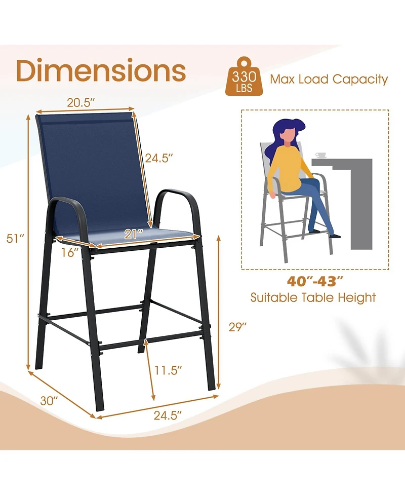 Sugift Outdoor Bar Stool Set of 2 with Fabric Seat and Curved Armrests, 29 in. Seat Height