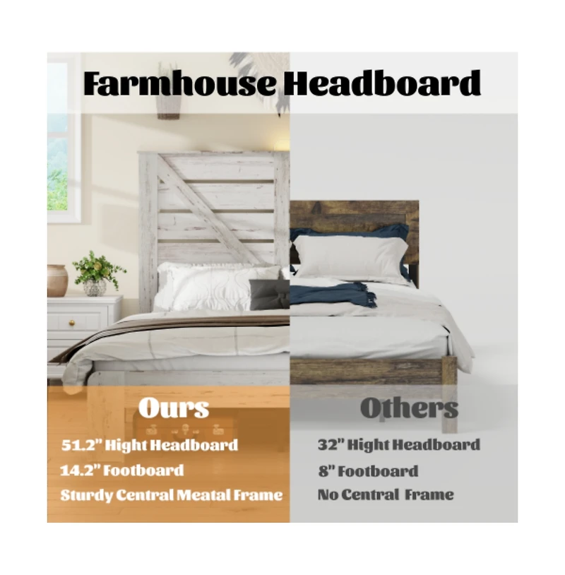 Lucky One Queen Size Wood Platform Bed Frame with Heavy Duty Metal Frame, Industrial Style, Steel Slats, No Box Spring Needed