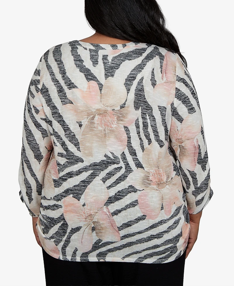 Alfred Dunner Plus Travel Advisory Animal Floral Henley Top
