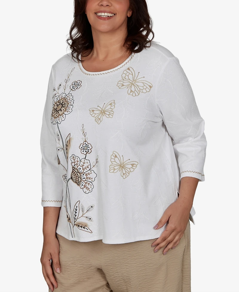 Alfred Dunner Plus Travel Advisory Floral Butterfly Line Embroidered Top