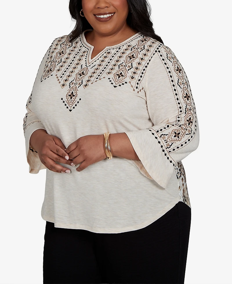 Alfred Dunner Plus Travel Advisory Geo Embroidered Printed Back Top