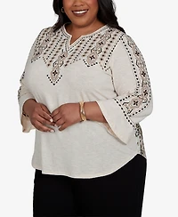 Alfred Dunner Plus Travel Advisory Geo Embroidered Printed Back Top