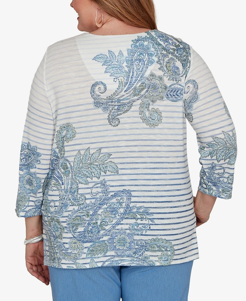 Alfred Dunner Plus Provence Paisley Stripe Split Neck Top