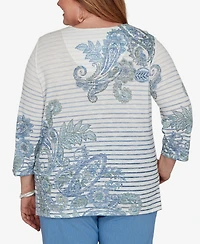 Alfred Dunner Plus Provence Paisley Stripe Split Neck Top