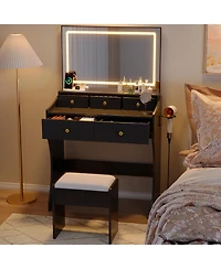 gaomon Led Makeup Vanity Desk with Mirror and Chair, Dressing Table Featuring Power Outlet, Hair Dryer Holder and 5 Drawers, Vanity Table
