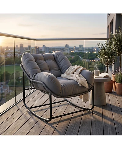 GarveeLife Oversized Egg-Shaped Patio Rocking Chair, All-Weather Wicker Outdoor Chair, Soft Removable Cushion, Reinforced Rattan Frame