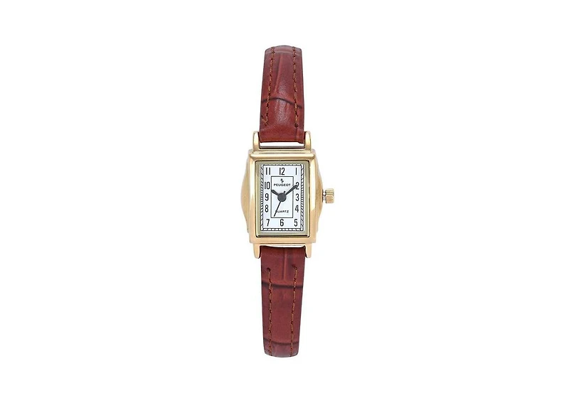 Peugeot Women's Vintage 14K Gold-Plated Rectangular Small Face Watch with Leather Strap