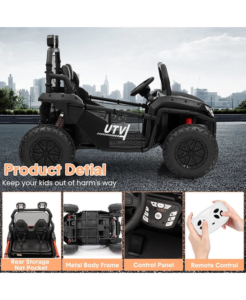 homfan 2-Seater Electric Ride-On Utv Car, Remote Control, Spring Suspension, Led Lights, Wireless, Spacious Seat, Treaded Tires, Metal Frame