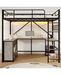 homfan Full Loft Bed with U-Shaped Desk – 6 Cubbies, Power Outlet, Led Lights and Pc Stand, Heavy Duty Metal Frame for Apartment and Small Space