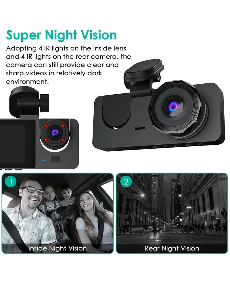 Neewer 3 Channel Dash Cam Front Inside Rear Vehicle Driving Recorder Car Dvr with 32G Mmc Card G Sensor Motion Detection Parking Monitor Night Vision