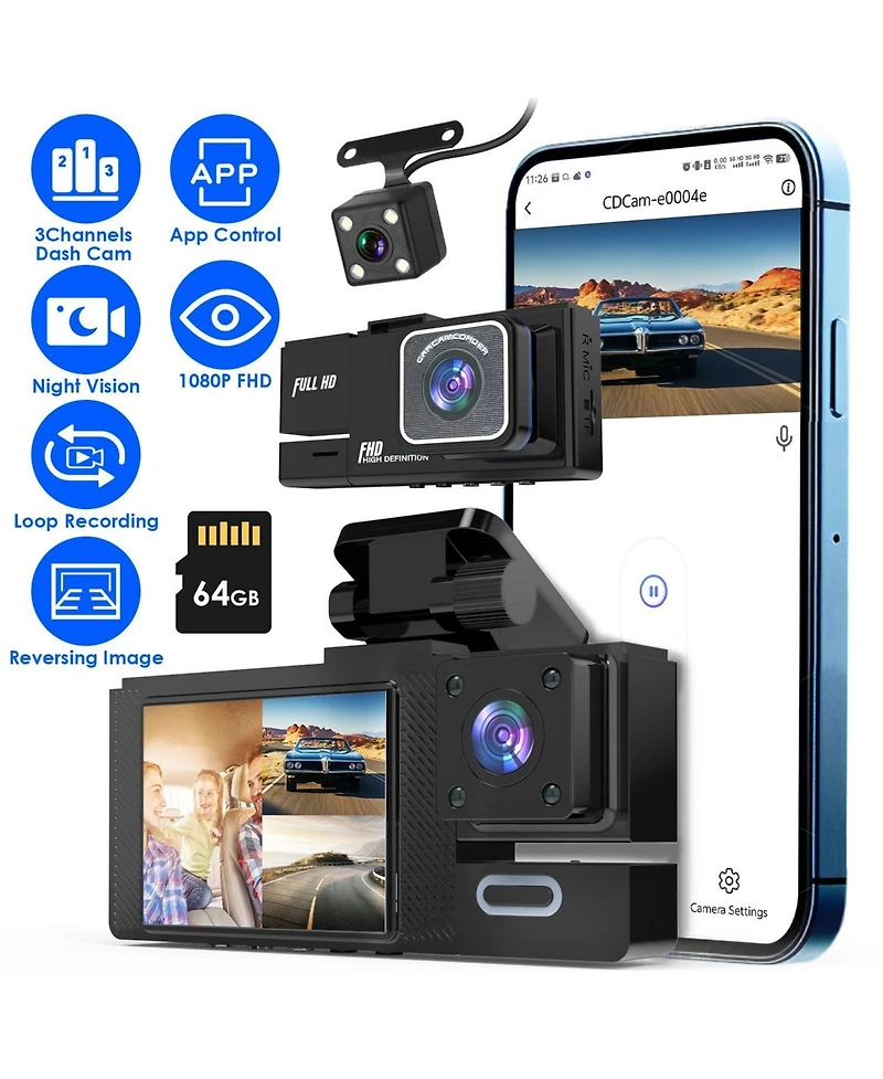 Neewer 1080P 3-Channel Dash Cam with WiFi App Control, Night Vision, Loop Recording, Front, Rear and Inside Cameras, 64G Card