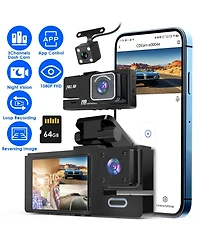 Neewer 1080P 3-Channel Dash Cam with WiFi App Control, Night Vision, Loop Recording, Front, Rear and Inside Cameras, 64G Card