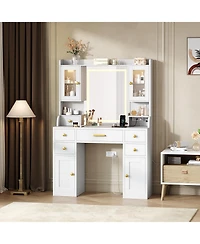 gaomon Vanity Desk with Charging Station and Led Mirror, Large White and Gold Makeup Dressing Table, 3 Light Modes, 6 Drawers, Cabinet and Shelves