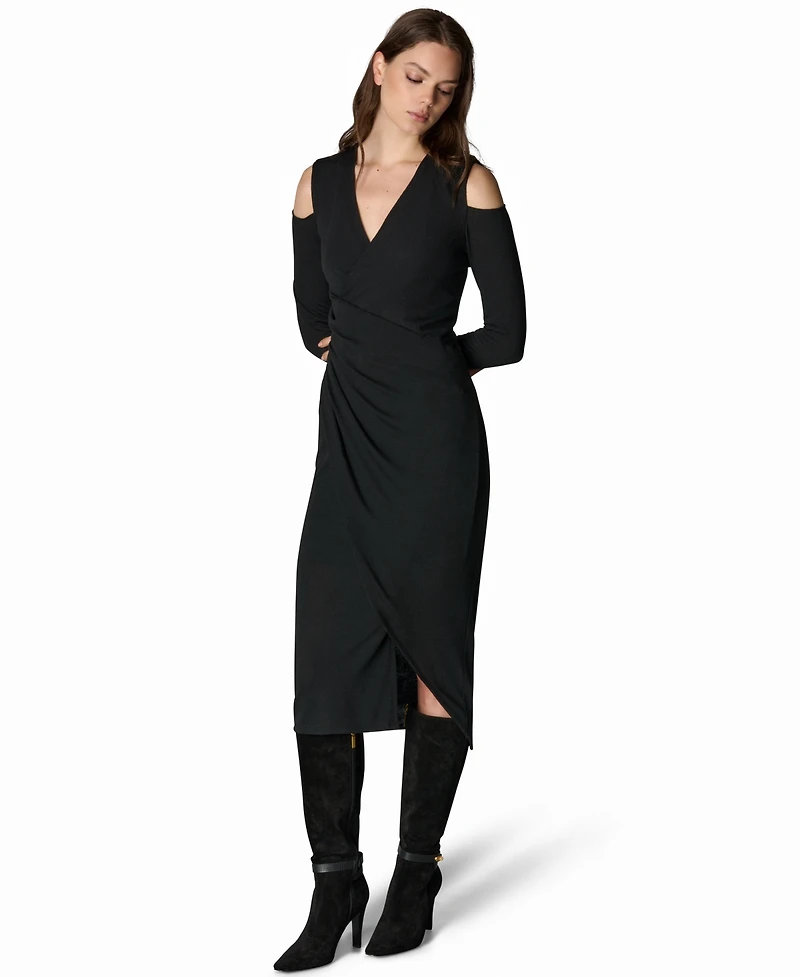 Donna Karan New York Women's Long-Sleeve Cold-Shoulder Wrap Midi Dress