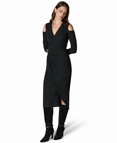 Donna Karan New York Women's Long-Sleeve Cold-Shoulder Wrap Midi Dress