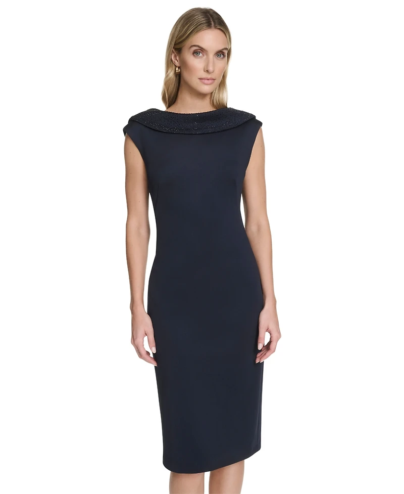 Calvin Klein Women's Rhinestone-Embellished Boat Neck Cowl Back Sheath Dress